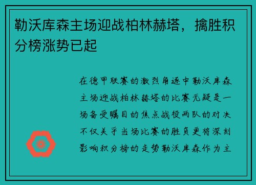 勒沃库森主场迎战柏林赫塔，擒胜积分榜涨势已起