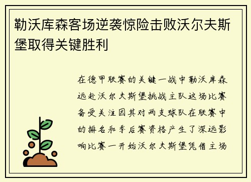 勒沃库森客场逆袭惊险击败沃尔夫斯堡取得关键胜利