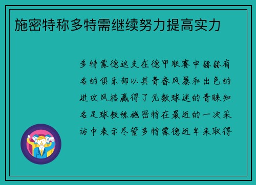 施密特称多特需继续努力提高实力