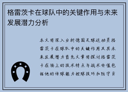 格雷茨卡在球队中的关键作用与未来发展潜力分析