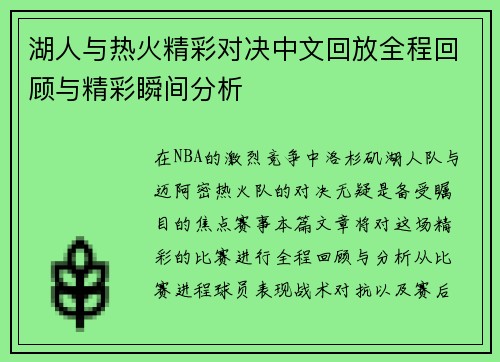 湖人与热火精彩对决中文回放全程回顾与精彩瞬间分析
