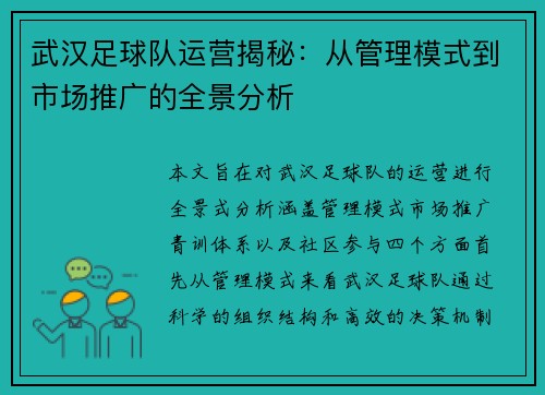武汉足球队运营揭秘：从管理模式到市场推广的全景分析